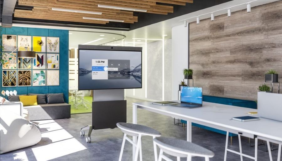 A casual, beautifully designed collaboration space with a movable display.