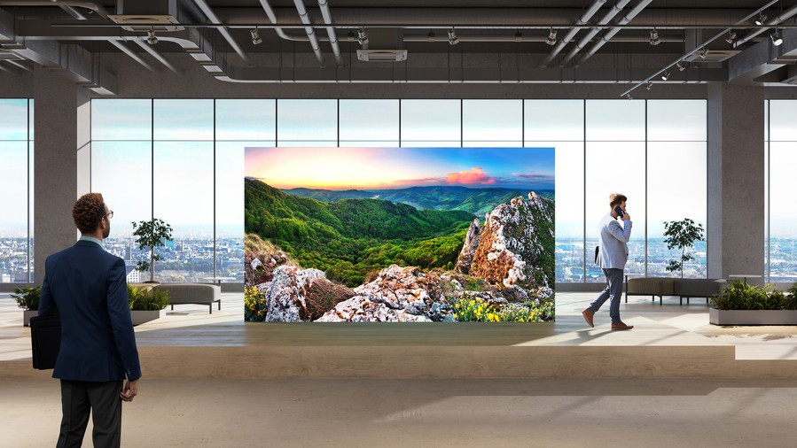 A Sony video wall in a corporate lobby.